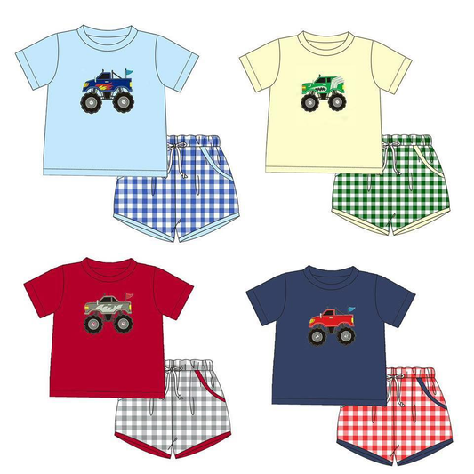 (Custom Design Preorder MOQ 5 Each Design) Momster Trucks Plaid Print Boys Summer Western Matching Clothes Brothers Wear