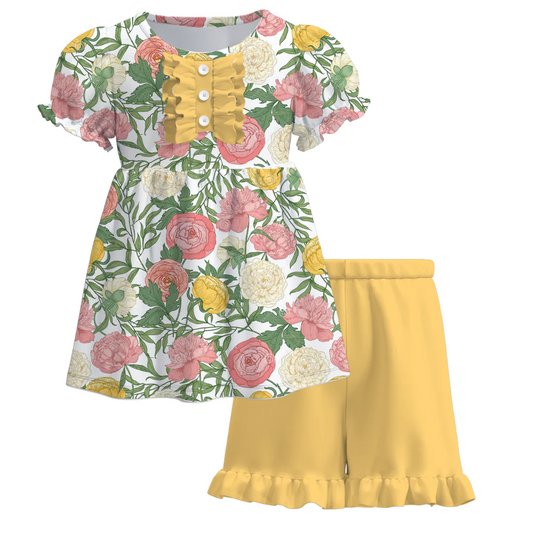 (Custom Design Preorder MOQ 5)  Flowers Tunic Top Yellow Shorts Girls Summer Clothes Set