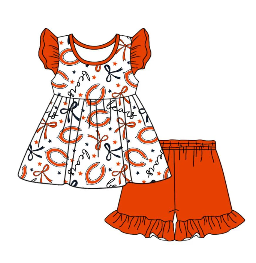 (Custom Design Preorder MOQ 5) Team's Chicago Bears Bows Top Orange Shorts Girls Summer Clothes Set