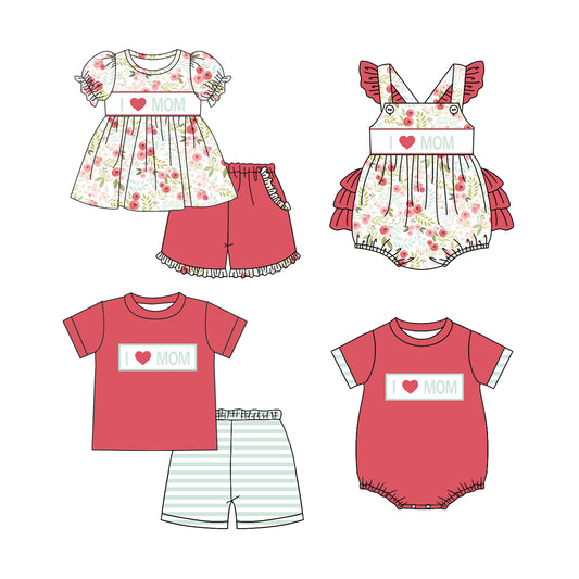 3.8(Custom Design Preorder MOQ 5 Each Design) I LOVE MOM Flowers Red Print Kids Summer Matching Clothes Sibling Wear