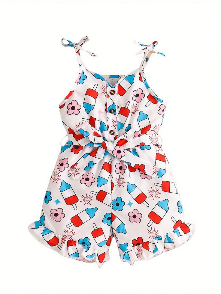 (Custom Design Preorder MOQ 5) Popsicle Flowers Print Girls 4th of July Strap Jumpsuits