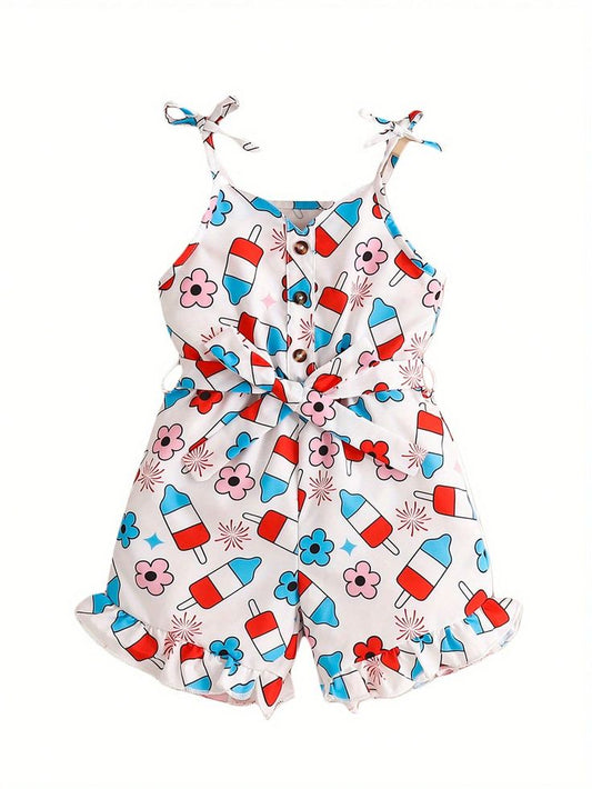 (Custom Design Preorder MOQ 5) Popsicle Flowers Print Girls 4th of July Strap Jumpsuits