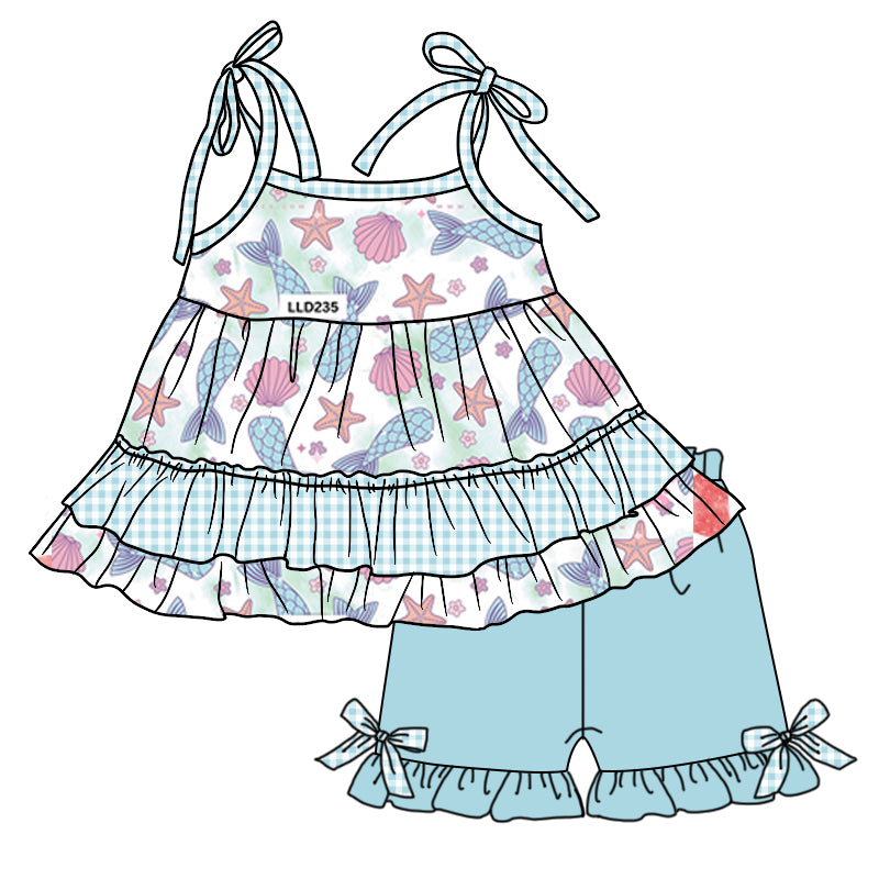 12.13(Custom Design Preorder MOQ 5) Mermaid Blue Print Girls Summer Clothes Set