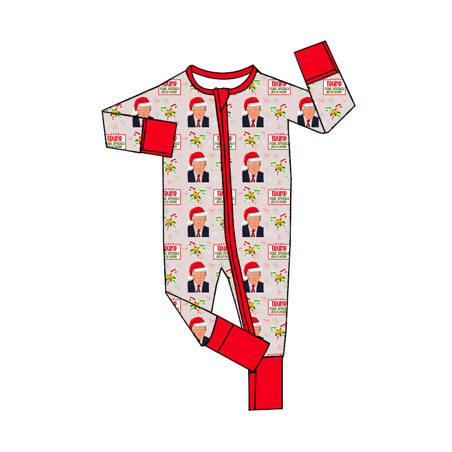 (Custom Design Preorder MOQ 5)  Trump Candy Cane Print Baby Christmas Sleeper Zipper Long Sleeve Romper