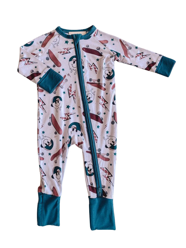 (Custom Design Preorder MOQ 5)  Smiling Face Print Baby Boys Bamboo Sleeper Zipper Romper