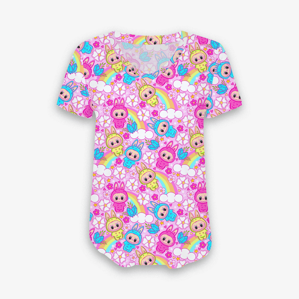 (Custom Design Preorder MOQ 5) Cartoon Labub* Rainbow Print Woman Summer Tee Shirts Top