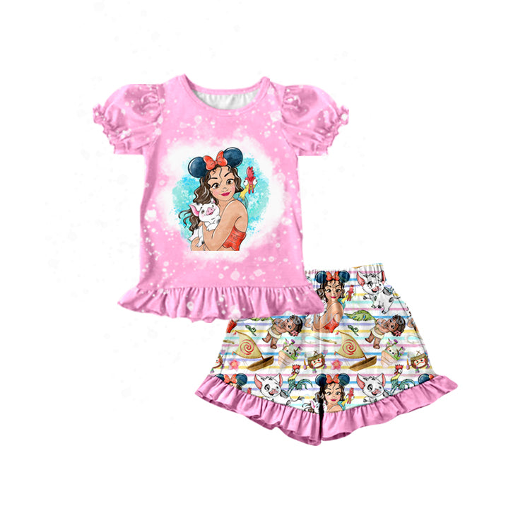 (Custom Design Preorder MOQ 5) Cartoon Pig Beach Print Pink Top Shorts Girls Summer Clothes Set
