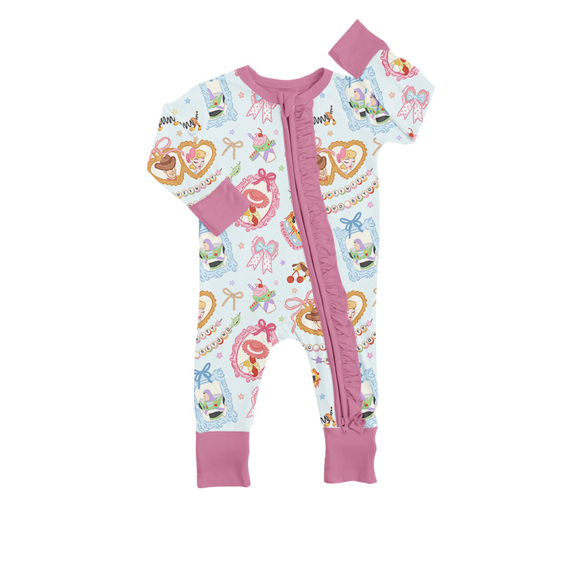 (Custom Design Preorder MOQ 5) Cartoon Toys Bows Print Baby Girls Sleeper Zipper Romper