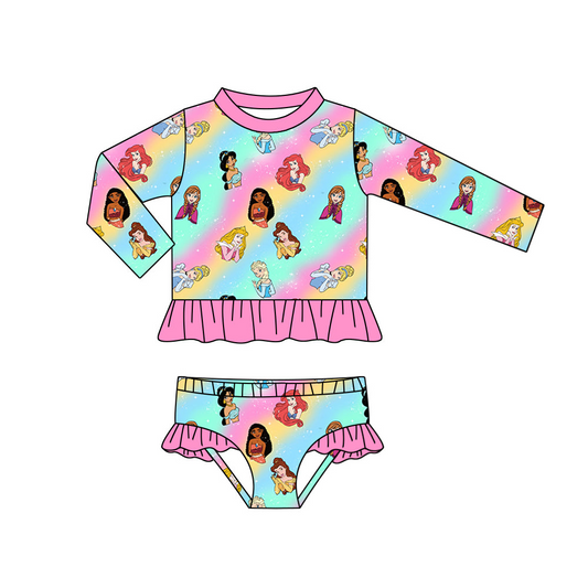(Custom Design Preorder MOQ 5) Cartoon Princess Print Girls 2 Pieces Long Sleeve Swimsuits