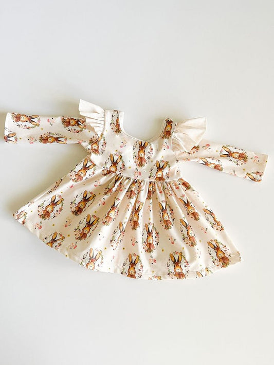 (Custom Design Preorder MOQ 5) Flowers Bunny Print Girls Easter Knee Length Dress