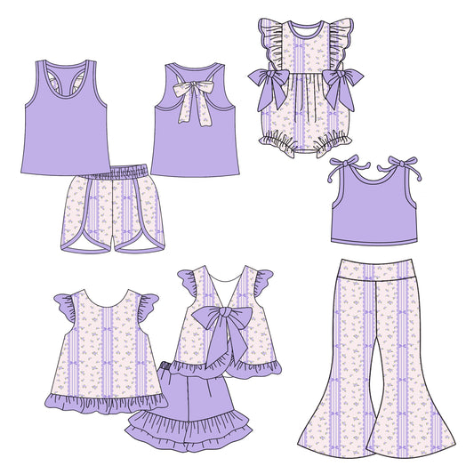 5.6(Custom Design Preorder MOQ 5 Each Design) Purple Small Flowers Print Girls Summer Matching Clothes Sisters Wear