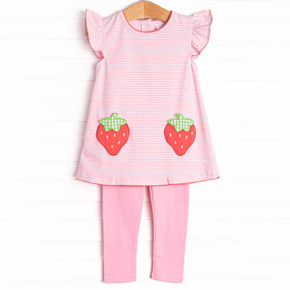 (Custom Design Preorder MOQ 5)  Strawberry Stripes Tunic Top Pink Pants Girls Clothes Set