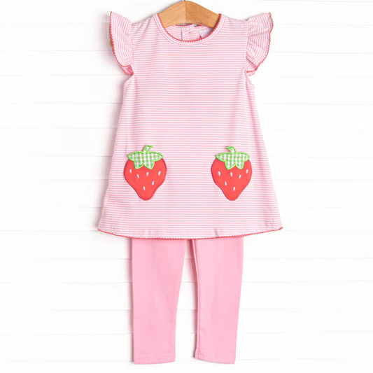 (Custom Design Preorder MOQ 5)  Strawberry Stripes Tunic Top Pink Pants Girls Clothes Set