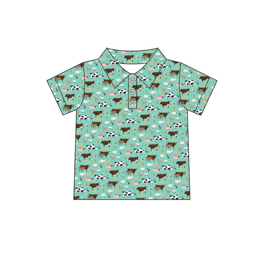 12.11(Custom Design Preorder MOQ 5 ) Cartoon Animals Green Print Boys Summer Polo Tee Shirts Top