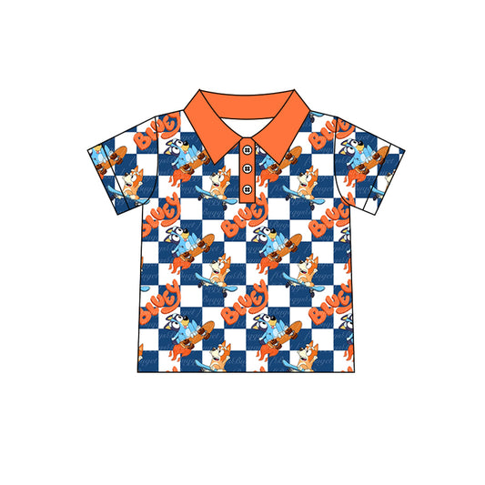 (Custom Design Preorder MOQ 5) Cartoon Dog Plaid Print Boys Summer Polo Tee Shirts Top