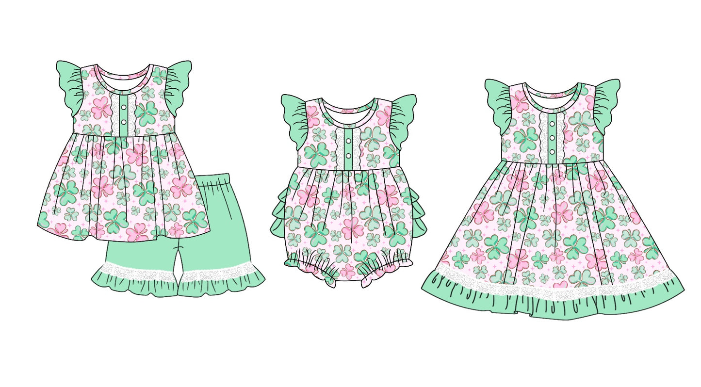 11.4(Custom Design Preorder MOQ 5 Each Design) Leaf Print Girls St. Patrick's Day Matching Clothes Set Sisters Wear