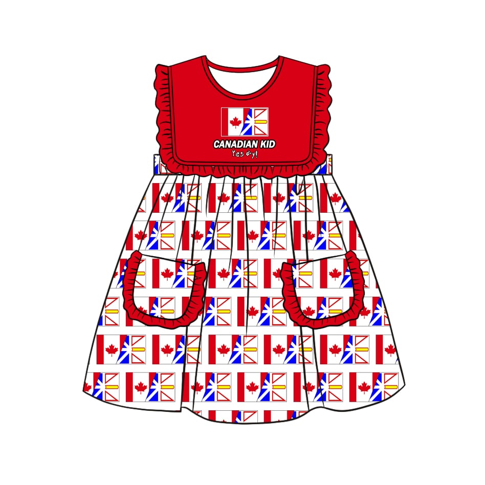 (Custom Design Preorder MOQ 5) CANADIAN KID Print Girls Summer Knee Length Dress