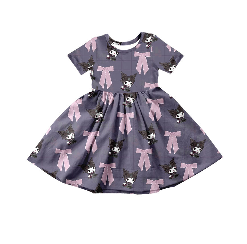 (Custom Design Preorder MOQ 5) Cartoon Animals Bows Print Girls Knee Length Dress