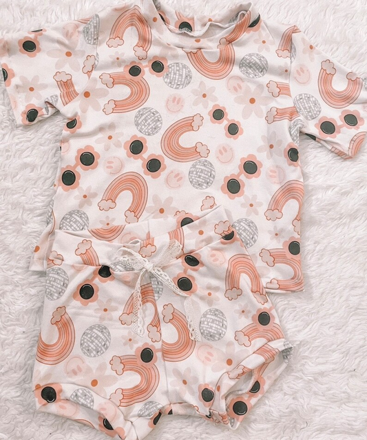 (Custom Design Preorder MOQ 5)  Rainbow Flowers Print Girls Summer Clothes Set