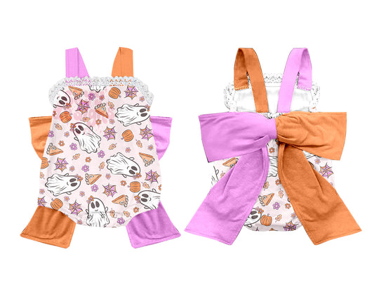 (Custom Design Preorder MOQ 5) Ghost Pumpkin Flowers Print Baby Girls Fall Romper Big Bow On the Back