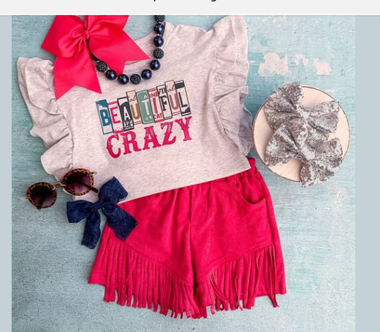 (Custom Design Preorder MOQ 5)  Crazy Pink Top Tassel Shorts Girls Clothes Set