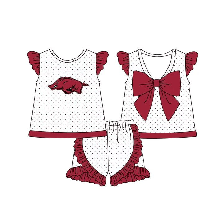 (Custom Design Preorder MOQ 5)  Team's Pig Print Top Ruffle Shorts Girls Summer Clothes Set