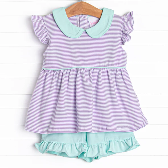 (Custom Design Preorder MOQ 5)  Purple Stripes Tunic Top Blue Ruffle Shorts Girls Summer Clothes Set