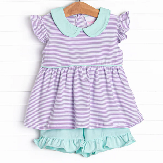 (Custom Design Preorder MOQ 5)  Purple Stripes Tunic Top Blue Ruffle Shorts Girls Summer Clothes Set