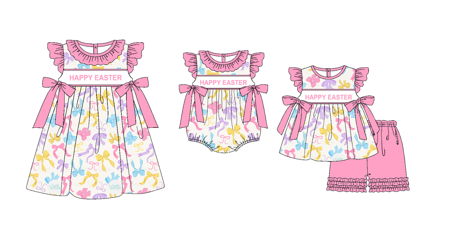 11.20(Custom Design Preorder MOQ 5 Each Design) Happy Easter Colorful Bows Print Girls Matching Clothes Sisters Wear