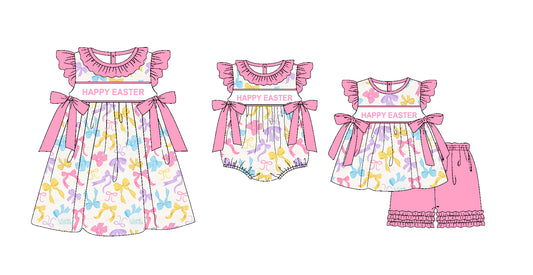 11.20(Custom Design Preorder MOQ 5 Each Design) Happy Easter Colorful Bows Print Girls Matching Clothes Sisters Wear