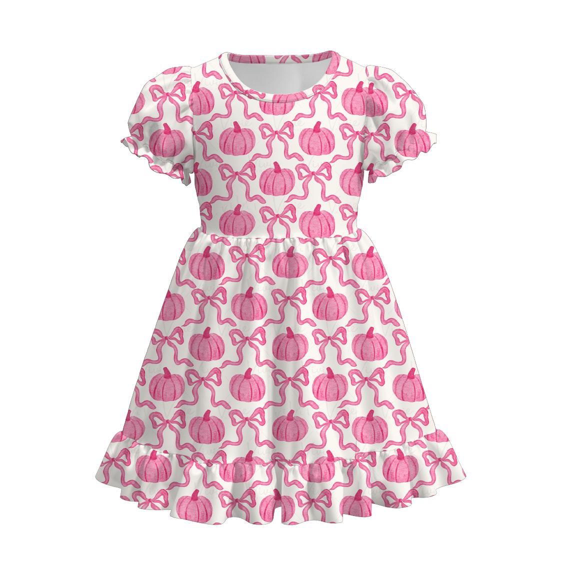 (Custom Design Preorder MOQ 5) Pink Pumpkin Bows Print Girls Knee Length Fall Dress