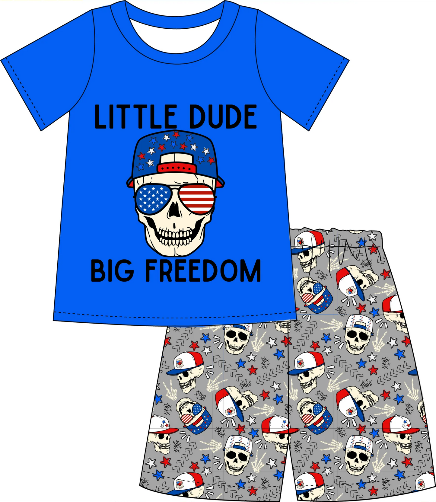 (Custom Design Preorder MOQ 5) Little Dude Print Boys 4th of July Clothes Set