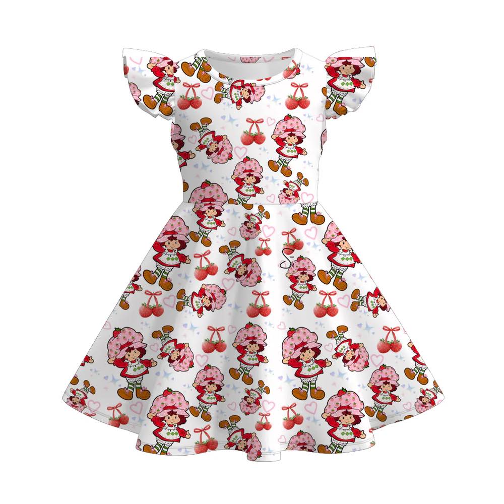 (Custom Design Preorder MOQ 5) Strawberry Print Girls Summer Knee Length Dress