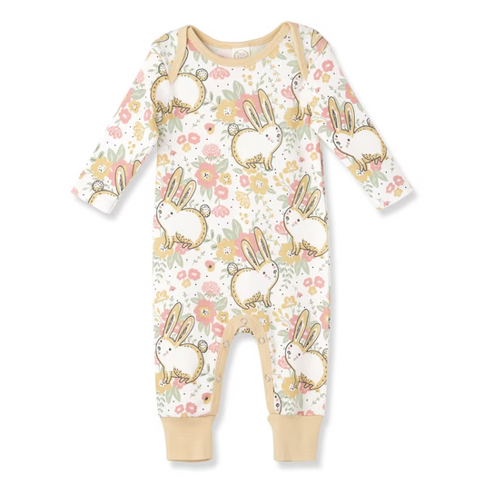 (Custom Design Preorder MOQ 5) Bunny Flowers Print Baby Girls Easter Romper