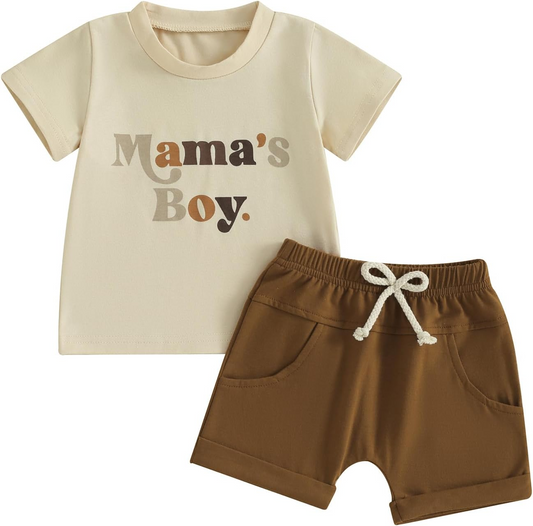 (Custom Design Preorder MOQ 5) MAMA'S BOY Top Brown Shorts Boys Clothes Set