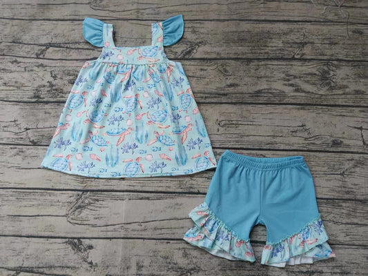 (Custom Design Preorder MOQ 5)  Sea Turtle Top Ruffle Shorts Girls Summer Clothes Set