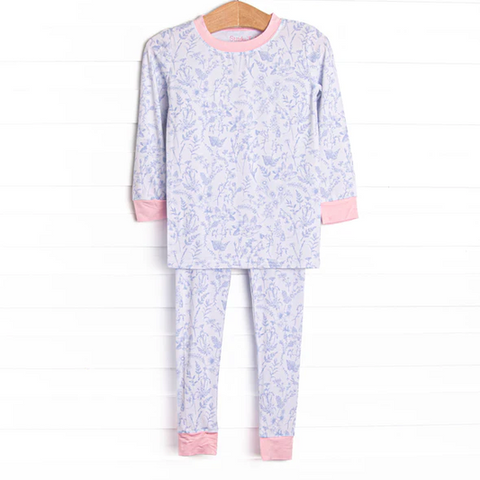 (Custom Design Preorder MOQ 5) Purple Flowers Print Girls Pajamas Clothes Set