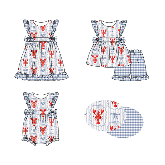 12.4 (Custom Design Preorder MOQ 5 Each Design) Crayfish Bows Grey Print Girls Summer Matching Clothes Sisters Wear