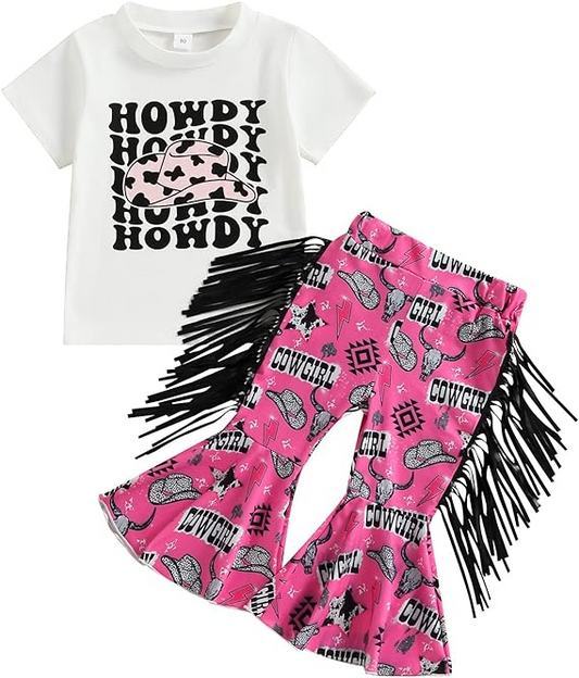 (Custom Design Preorder MOQ 5)  Howdy Hat Top Tassel Bell Pants Girls Western Clothes Set