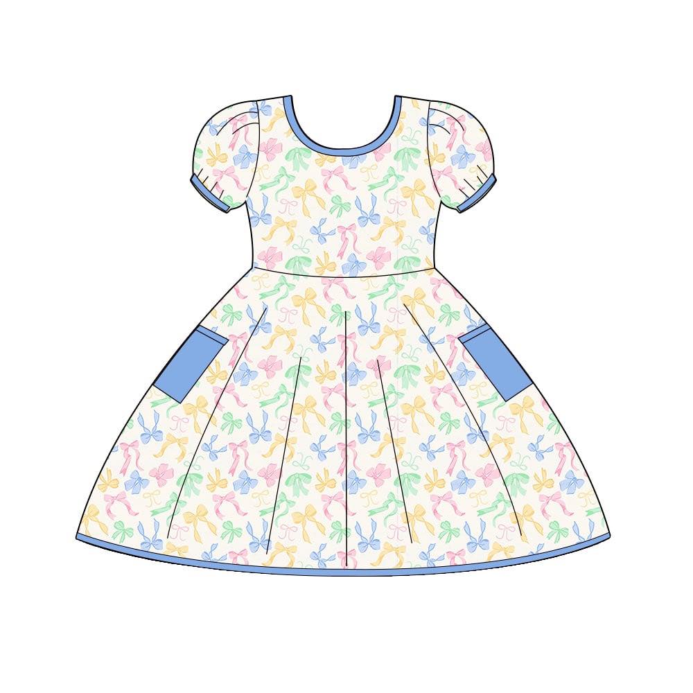 (Custom Design Preorder MOQ 5) Colorful Bows Print Pockets Girls Summer Knee Length Dress