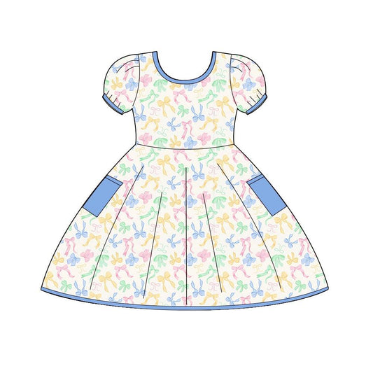 (Custom Design Preorder MOQ 5) Colorful Bows Print Pockets Girls Summer Knee Length Dress