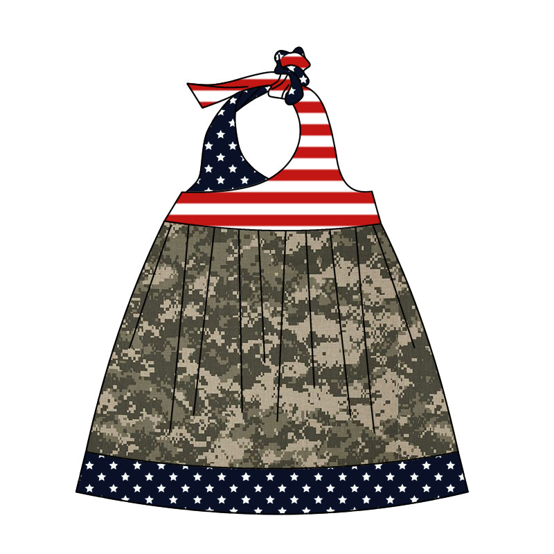 (Custom Design Preorder MOQ 5) Camo Stars Print Girls Knee Length 4th of July Dress