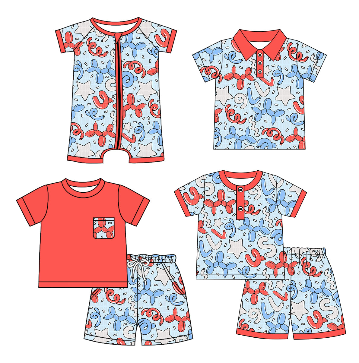 1.4(Custom Design Preorder MOQ 5 Each Design) Balloon Dog Print Boys 4th of July Matching Clothes Brothers Wear