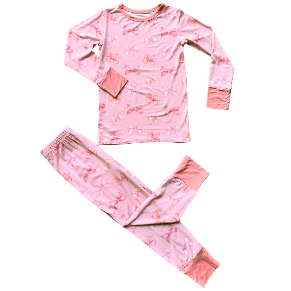 (Custom Design Preorder MOQ 5)  Pink Bows Print Girls Bamboo Pajamas Clothes Set