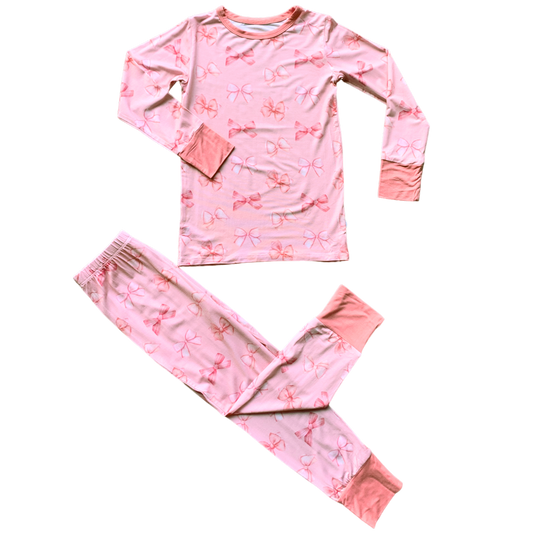 (Custom Design Preorder MOQ 5)  Pink Bows Print Girls Bamboo Pajamas Clothes Set