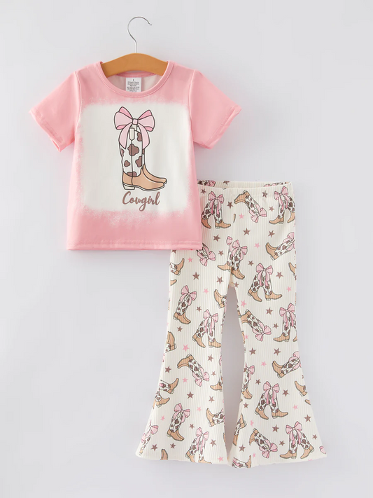 (Custom Design Preorder MOQ 5) Boots Bows Pink Top Bell Pants Girls Clothes Set