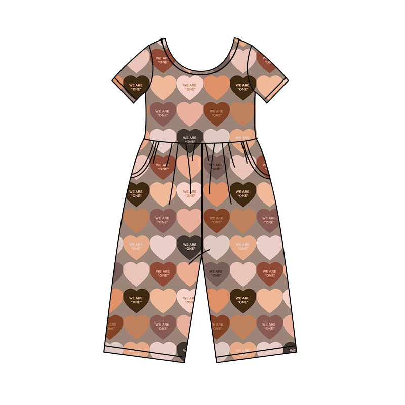 (Custom Design Preorder MOQ 5) Heart Brown Print Girls Pockets Jumpsuits