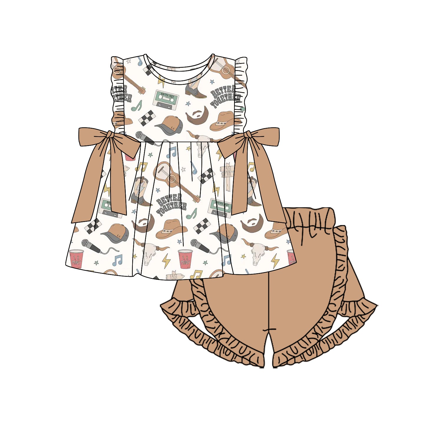 (Pre-order)GSSO1621 Better Together Western Tunic Top Brown Shorts Girls Summer Clothes Set