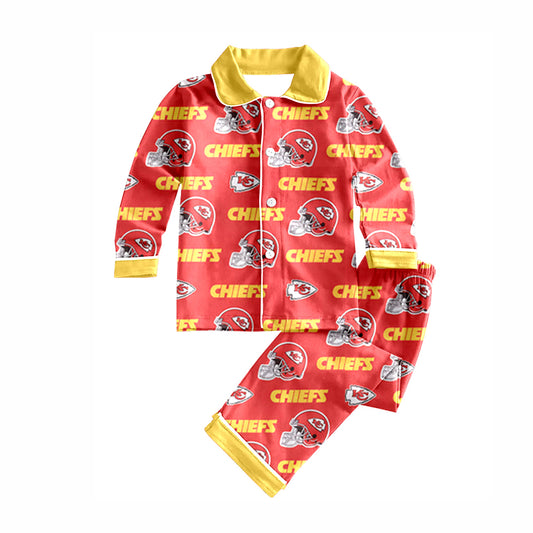 (Custom Design Preorder MOQ 5) Team's KC Yellow Red Print Boys Fall Buttons Pajamas Clothes Set