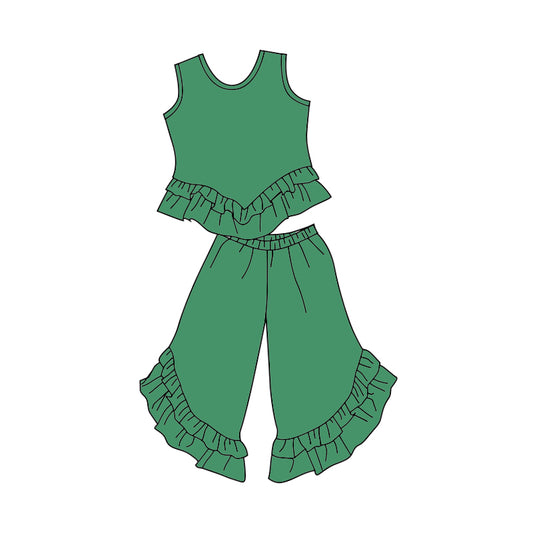 (Custom Design Preorder MOQ 5) Green Sleeveless Top Ruffles Pants Girls Clothes Set